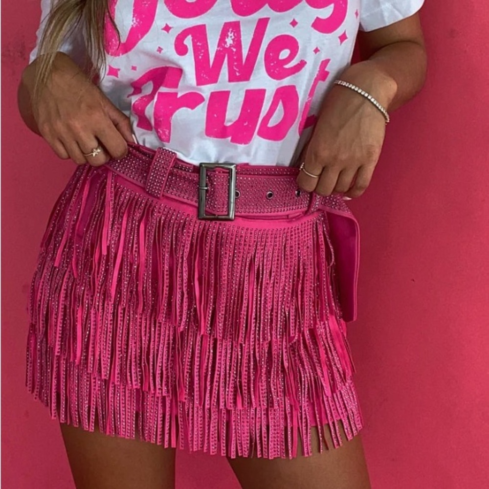 Pink Rhinestone Fringe Skirt